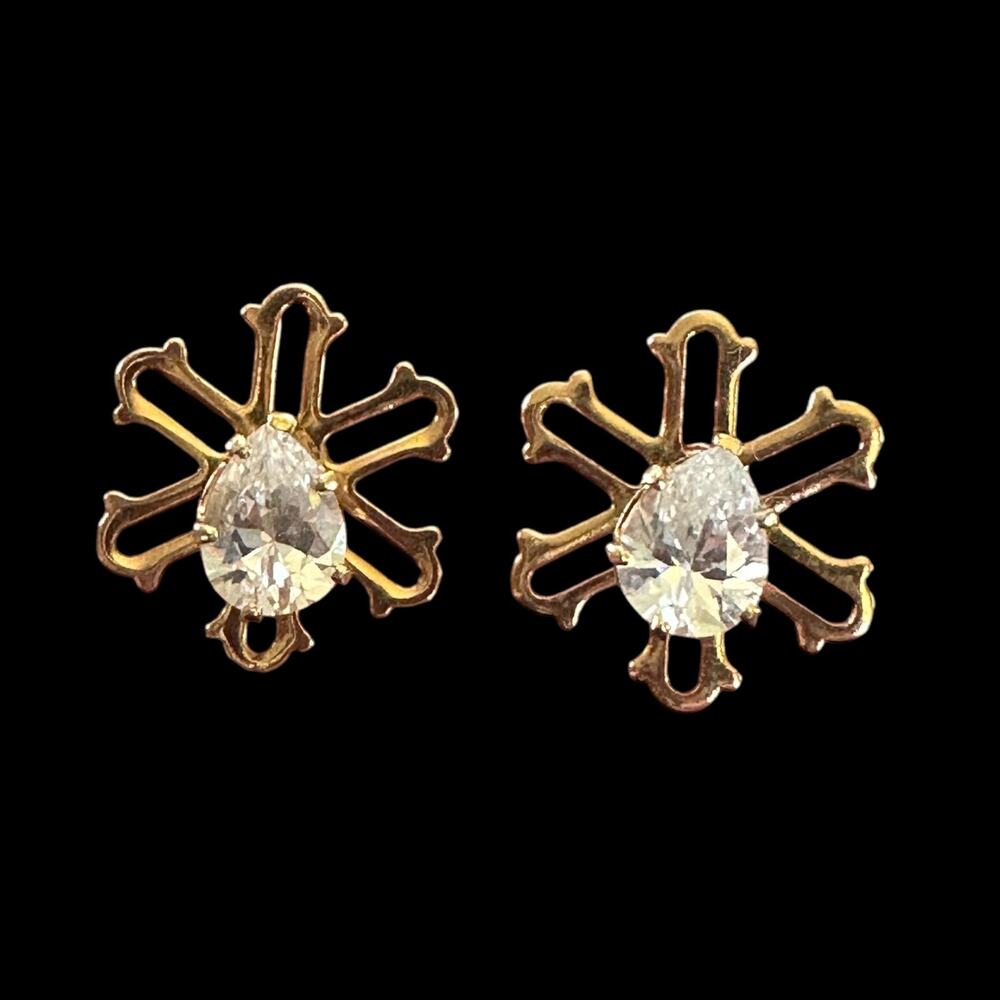 VTG 1987 AVON Snow Pedals Convertible Earrings Gold Tone Snowflake Crystal Studs
